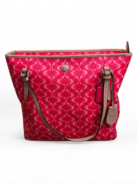 Coach Handbags - Coach Red Signature C Print Canvas Tote Tan Leather Trim Zip Top Shoulder Bag